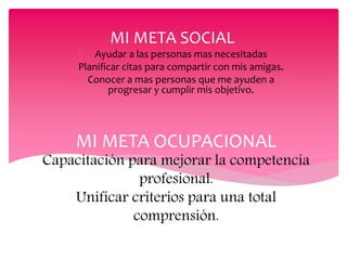 MI META OCUPACIONAL
Capacitación para mejorar la competencia
profesional.
Unificar criterios para una total
comprensión.
MI META SOCIAL
 Ayudar a las personas mas necesitadas
 Planificar citas para compartir con mis amigas.
 Conocer a mas personas que me ayuden a
progresar y cumplir mis objetivo.
 