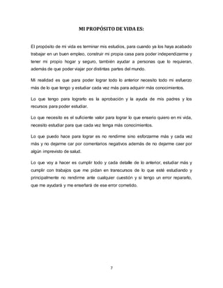 7
MI PROPÓSITO DE VIDA ES:
El propósito de mi vida es terminar mis estudios, para cuando ya los haya acabado
trabajar en un buen empleo, construir mi propia casa para poder independizarme y
tener mi propio hogar y seguro, también ayudar a personas que lo requieran,
además de que poder viajar por distintas partes del mundo.
Mi realidad es que para poder lograr todo lo anterior necesito todo mi esfuerzo
más de lo que tengo y estudiar cada vez más para adquirir más conocimientos.
Lo que tengo para lograrlo es la aprobación y la ayuda de mis padres y los
recursos para poder estudiar.
Lo que necesito es el suficiente valor para lograr lo que enserio quiero en mi vida,
necesito estudiar para que cada vez tenga más conocimientos.
Lo que puedo hace para lograr es no rendirme sino esforzarme más y cada vez
más y no dejarme car por comentarios negativos además de no dejarme caer por
algún imprevisto de salud.
Lo que voy a hacer es cumplir todo y cada detalle de lo anterior, estudiar más y
cumplir con trabajos que me pidan en transcursos de lo que esté estudiando y
principalmente no rendirme ante cualquier cuestión y si tengo un error repararlo,
que me ayudará y me enseñará de ese error cometido.
 