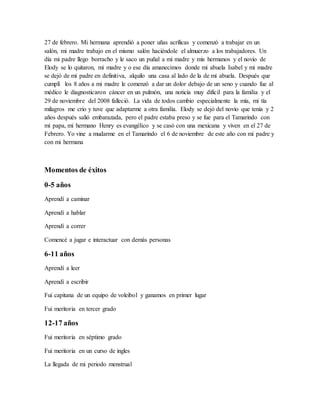 27 de febrero. Mi hermana aprendió a poner uñas acrílicas y comenzó a trabajar en un
salón, mi madre trabajo en el mismo salón haciéndole el almuerzo a los trabajadores. Un
día mi padre llego borracho y le saco un puñal a mi madre y mis hermanos y el novio de
Elody se lo quitaron, mi madre y o ese día amanecimos donde mi abuela Isabel y mi madre
se dejó de mi padre en definitiva, alquilo una casa al lado de la de mi abuela. Después que
cumplí los 8 años a mi madre le comenzó a dar un dolor debajo de un seno y cuando fue al
médico le diagnosticaron cáncer en un pulmón, una noticia muy difícil para la familia y el
29 de noviembre del 2008 falleció. La vida de todos cambio especialmente la mía, mi tía
milagros me crio y tuve que adaptarme a otra familia. Elody se dejó del novio que tenía y 2
años después salió embarazada, pero el padre estaba preso y se fue para el Tamarindo con
mi papa, mi hermano Henry es evangélico y se casó con una mexicana y viven en el 27 de
Febrero. Yo vine a mudarme en el Tamarindo el 6 de noviembre de este año con mi padre y
con mi hermana
Momentos de éxitos
0-5 años
Aprendí a caminar
Aprendí a hablar
Aprendí a correr
Comencé a jugar e interactuar con demás personas
6-11 años
Aprendí a leer
Aprendí a escribir
Fui capitana de un equipo de voleibol y ganamos en primer lugar
Fui meritoria en tercer grado
12-17 años
Fui meritoria en séptimo grado
Fui meritoria en un curso de ingles
La llegada de mi periodo menstrual
 