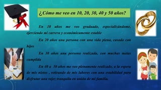 ¿Cómo me veo en 10, 20, 30, 40 y 50 años?
En 10 años me veo graduado, especializándome,
ejerciendo mi carrera y económicamente estable
En 20 años una persona con una vida plena, casado con
hijos
En 30 años una persona realizada, con muchas metas
cumplida
En 40 a 50 años me veo plenamente realizado, a la espera
de mis nietos , retirando de mis labores con una estabilidad para
disfrutar una vejez tranquila en unión de mi familia.
 
