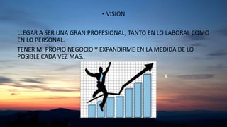 • VISION
LLEGAR A SER UNA GRAN PROFESIONAL, TANTO EN LO LABORAL COMO
EN LO PERSONAL.
TENER MI PROPIO NEGOCIO Y EXPANDIRME EN LA MEDIDA DE LO
POSIBLE CADA VEZ MAS..
 