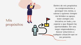 Mis
propósitos
Dentro de mis propósitos
es comprometerme a
perseguir mis metas, a
valorar a quienes siempre
me brinden su apoyo,
tener siempre una
iniciativa en todo y no
esperar a que lleguen las
oportunidades. Ser una
mujer emprendedora y
buscar soluciones a
cualquier situación que se
me presente.
 