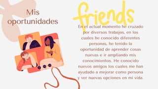 Mis
oportunidades
En el actual momento he cruzado
por diversos trabajos, en los
cuales he conocido diferentes
personas, he tenido la
oportunidad de aprender cosas
nuevas e ir ampliando mis
conocimientos. He conocido
nuevos amigos los cuales me han
ayudado a mejorar como persona
y ver nuevas opciones en mi vida.
 