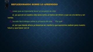 REFLEXIONANDO SOBRE LO APRENDIDO 
1.¿crees que es importante tener un proyecto de vida? 
si, ya que sin el nuestra vida seria como un barco sin timón y que va a la deriva y sin 
rumbo. 
2.¿ha sido fácil trabajar sobre tu proyecto de vida?, ¿Por qué? 
si, por que desde ahora ya tenemos en mente lo que queremos realizar para nuestro 
futuro y que hacer con el 
 
