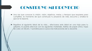 CONSTRUYO MI PROYECTO
 Una ves que conocer tu misión, visión, objetivos, metas, y tiempos que requieres para
cumplirlas, es momento de que construyas tu proyecto de vida, escucha y analiza lo
que se te expone.
 Resuelve el siguiente árbol de la vida… efectuaras este árbol en una hoja para tu
carpeta, lo podrás efectuar con los siguientes materiales. Bolitas de papel china, hojas
de color, en 3D,etc. Y pondrás poco a poco las indicaciones de tu docente

 