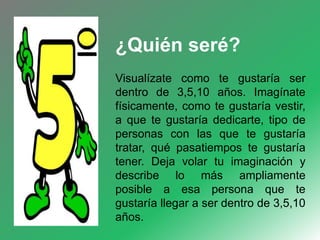 ¿Quién seré? 
Visualízate como te gustaría ser 
dentro de 3,5,10 años. Imagínate 
físicamente, como te gustaría vestir, 
a que te gustaría dedicarte, tipo de 
personas con las que te gustaría 
tratar, qué pasatiempos te gustaría 
tener. Deja volar tu imaginación y 
describe lo más ampliamente 
posible a esa persona que te 
gustaría llegar a ser dentro de 3,5,10 
años. 
