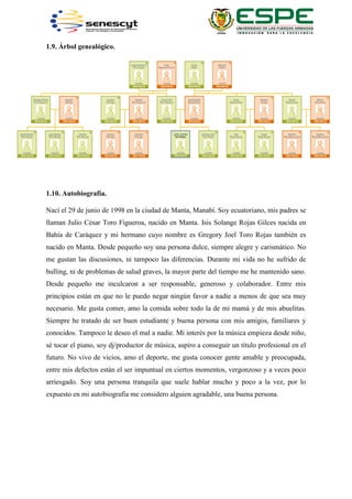 1.9. Árbol genealógico.
1.10. Autobiografía.
Nací el 29 de junio de 1998 en la ciudad de Manta, Manabí. Soy ecuatoriano, mis padres se
llaman Julio César Toro Figueroa, nacido en Manta. Isis Solange Rojas Gilces nacida en
Bahía de Caràquez y mi hermano cuyo nombre es Gregory Joel Toro Rojas también es
nacido en Manta. Desde pequeño soy una persona dulce, siempre alegre y carismático. No
me gustan las discusiones, ni tampoco las diferencias. Durante mi vida no he sufrido de
bulling, ni de problemas de salud graves, la mayor parte del tiempo me he mantenido sano.
Desde pequeño me inculcaron a ser responsable, generoso y colaborador. Entre mis
principios están en que no le puedo negar ningún favor a nadie a menos de que sea muy
necesario. Me gusta comer, amo la comida sobre todo la de mi mamá y de mis abuelitas.
Siempre he tratado de ser buen estudiante y buena persona con mis amigos, familiares y
conocidos. Tampoco le deseo el mal a nadie. Mi interés por la música empieza desde niño,
sé tocar el piano, soy dj/productor de música, aspiro a conseguir un título profesional en el
futuro. No vivo de vicios, amo el deporte, me gusta conocer gente amable y preocupada,
entre mis defectos están el ser impuntual en ciertos momentos, vergonzoso y a veces poco
arriesgado. Soy una persona tranquila que suele hablar mucho y poco a la vez, por lo
expuesto en mi autobiografía me considero alguien agradable, una buena persona.
 