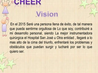 ,

En el 2015 Seré una persona llena de éxito, de tal manera
que pueda sentirme orgullosa de Lo que soy, contribuiré a
mi desarrollo personal, siendo La mejor instrumentadora
quirúrgica el Hospital San José u Otra entidad , llegaré a lo
mas alto de la cima del triunfo, enfrentaré los problemas y
obstáculos que puedan surgir y lucharé por ser lo que
quiero ser.
 