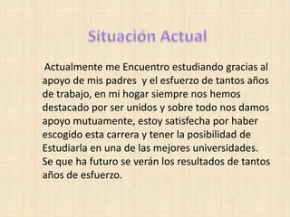 Actualmente me Encuentro estudiando gracias al
apoyo de mis padres y el esfuerzo de tantos años
de trabajo, en mi hogar siempre nos hemos
destacado por ser unidos y sobre todo nos damos
apoyo mutuamente, estoy satisfecha por haber
escogido esta carrera y tener la posibilidad de
Estudiarla en una de las mejores universidades.
Se que ha futuro se verán los resultados de tantos
años de esfuerzo.
 