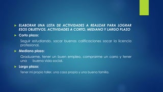  ELABORAR UNA LISTA DE ACTIVIDADES A REALIZAR PARA LOGRAR 
ESOS OBJETIVOS. ACTIVIDADES A CORTO, MEDIANO Y LARGO PLAZO 
 Corto plazo: 
Seguir estudiando, sacar buenas calificaciones sacar la licencia 
profesional. 
 Mediano plazo: 
Graduarme, tener un buen empleo, comprarme un carro y tener 
una buena vida social. 
 Largo plazo: 
Tener mi propio taller, una casa propia y una buena familia. 
 