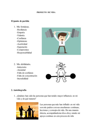PROYECTO DE VIDA
El punto de partida
1. Mis fortalezas.
-Resiliencia
-Empatía
-Valentía
-Confianza
-Optimismo
-Asertividad
-Superación
-Compromiso
-Responsabilidad
2. Mis debilidades.
-Indecisión
-Ansiedad
-Falta de confianza
-Falta de concentración
-Incredulidad
2. Autobiografía
1. ¿Quiénes han sido las personas que han tenido mayor influencia en mi
vida y de qué manera?
Las personas que más han influido en mi vida
son mis padres consus enseñanzas continuas,
lecciones y consejos de vida. De una manera
directa, acompañándome día a díay siendo mi
apoyo continuo en este proceso devida
 