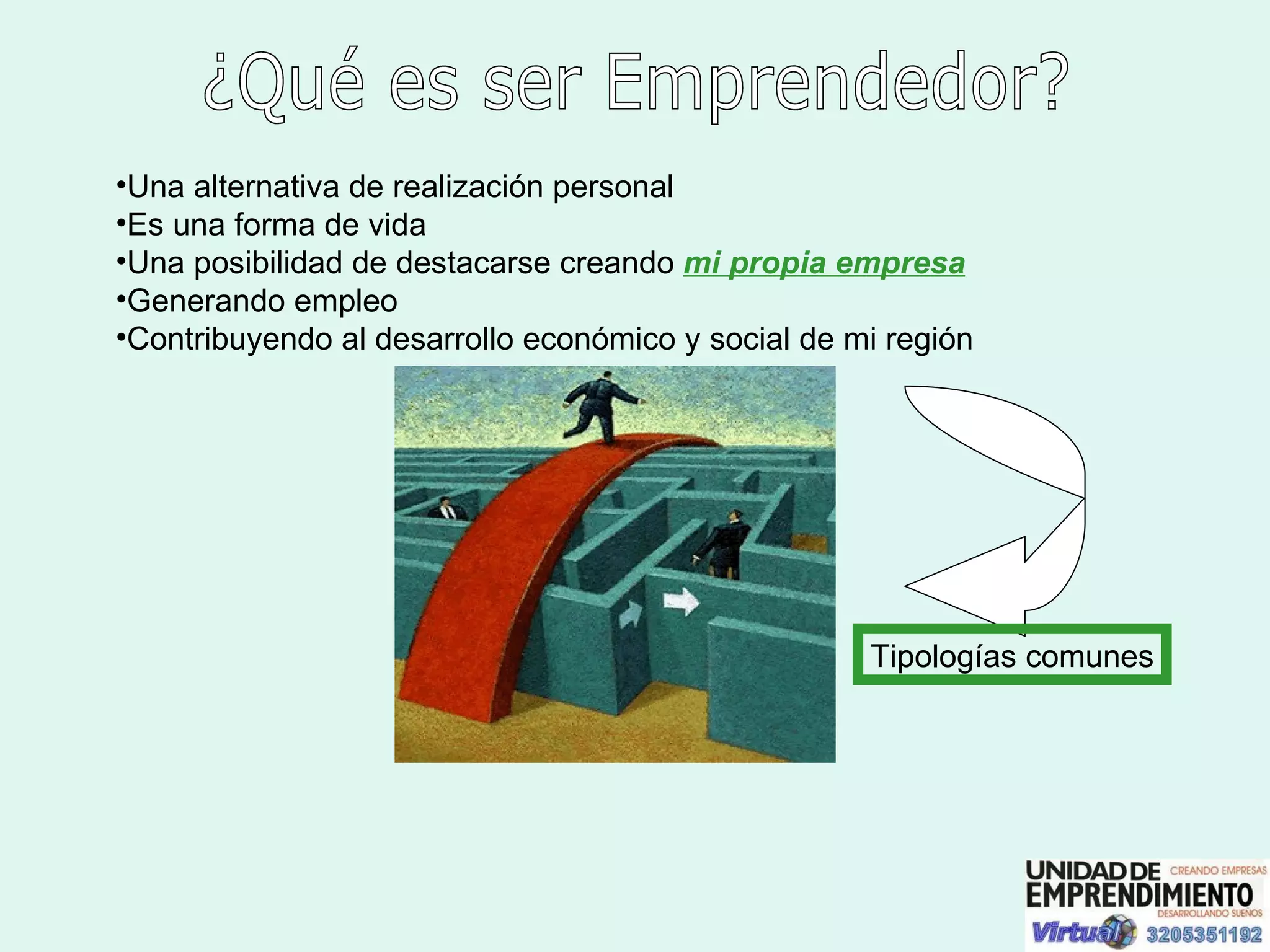 ¿Qué es ser Emprendedor? Una alternativa de realización personal Es una forma de vida Una posibilidad de destacarse creando  mi propia empresa Generando empleo Contribuyendo al desarrollo económico y social de mi región Tipologías comunes 