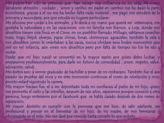 Mis padres han sido las personas que han tenido mas influencia en mi vida. Mi mami
dándome atención , cuidado , amor y cariño; mi padre en cambio me ha dado la parte
económica, gracias a el no me ha hecho falta nada material , me pago mis estudios de la
primaria y secundaria, por que estudie en lugares particulares.
Me aficione por cuidar a los animales y le decía a mi mami que quería ser veterinaria, me
gustaba la naturaleza y en las vacaciones, con mi familia nos íbamos a Loja, donde mis
abuelitos tienen una finca en el Cisne, en un pueblito llamado Millugo; sabíamos cosechar
maíz, trigo, frejol, alverjas, papas chinas, limas, chirimoyas, aguacates; también le veía a
mis abuelitos como le ordeñaban a las vacas, nunca olvidare esos lindos momentos que
viví en mi infancia, aún viven mis abuelitos pero por falta de tiempo no los he ido a
visitar.
Desde que mi hijo nació se convirtió en la mayor razón por quien debo luchar, y
prepararme profesionalmente, para darle un futuro de comodidad , amor, respeto, valor,
educación, salud.
Mis éxitos son: a verme graduado de bachiller a pesar de mi embarazo. También fue el ave
pasado las pruebas del snna y en este momento continuar el curso de nivelación y muy
pronto estaré siguiendo la carrera.
Mis mayor fracaso fue, el a ver depositado toda mi confianza al padre de mi hijo, quien
me prometía el cielo y las estrellas, después de seis años, separarnos porque conoció a otra
persona, luego enterarme por el facebook que se había casado después de dos meses de
separación.
Mi mayor decisión es cumplir con la promesa que me hice, de salir adelante, ser
profesional y pensar en el bienestar de mi hijo, de mi madre, de mis hermanas y
obviamente en el mío. No me daré por vencida hasta cumplir lo que anhelo.

 