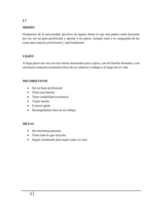 6
2.7
MISIÓN
Graduarme de la universidad, devolver de alguna forma lo que mis padres están haciendo
por mí, ser un gran profesional y aportar a mi patria, siempre estar a la vanguardia de las
cosas para mejorar profesional y espiritualmente.
VISIÓN
A largo plazo me veo con mis metas alcanzadas poco a poco, con mi familia formada y con
una buena situación económica fruto de mi esfuerzo y trabajo a lo largo de mi vida.
MIS OBJETIVOS
 Ser un buen profesional
 Tener una familia
 Tener estabilidad económica
 Viajar mucho
 Conocer gente
 Desempeñarme bien en mi trabajo
METAS
 Ser una buena persona.
 Tener todo lo que necesito
 Seguir estudiando para mejor cada vez más.
 