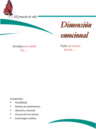 MMii pprrooyyeeccttoo ddee vviiddaa 
Identifique su realidad 
hoy … 
Defina su mañana 
deseable … 
Comprende: 
 Flexibilidad. 
 Manejo de sentimientos. 
 Libertad y voluntad 
 Vivencia de los valores. 
 Autoimagen realista. 
DDiimmeennssiióónn 
eemmoocciioonnaall 
 