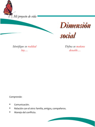 MMii pprrooyyeeccttoo ddee vviiddaa 
Identifique su realidad 
hoy… 
DDiimmeennssiióónn 
ssoocciiaall 
Defina su mañana 
deseable… 
Comprende: 
 Comunicación. 
 Relación con el otro: familia, amigos, compañeros. 
 Manejo del conflicto. 
 