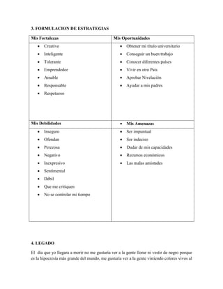 3. FORMULACION DE ESTRATEGIAS
Mis Fortalezas Mis Oportunidades
 Creativo
 Inteligente
 Tolerante
 Emprendedor
 Amable
 Responsable
 Respetuoso
 Obtener mi título universitario
 Conseguir un buen trabajo
 Conocer diferentes países
 Vivir en otro País
 Aprobar Nivelación
 Ayudar a mis padres
Mis Debilidades  Mis Amenazas
 Inseguro
 Ofendan
 Perezosa
 Negativo
 Inexpresivo
 Sentimental
 Débil
 Que me critiquen
 No se controlar mi tiempo
 Ser impuntual
 Ser indeciso
 Dudar de mis capacidades
 Recursos económicos
 Las malas amistades
4. LEGADO
El día que yo llegara a morir no me gustaría ver a la gente llorar ni vestir de negro porque
es la hipocresía más grande del mundo, me gustaría ver a la gente vistiendo colores vivos al
 