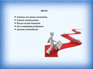 METAS
 Culminar una carrera universitaria.
 Conocer muchos países.
 Paz por mi país Venezuela.
 Ser un beisbolista profesional
 Culminar el bachillerato
 