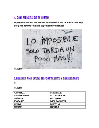 R/ yo pienso que soy una persona muy optimista con un auto estima muy
alto y una persona solidaria responsable y respetuosa




IMAGEN




R/

IMAGEN

FORTALEZAS                          DEBILIDADES
Buen estudiante                     DESORDENADO
optimista                           PELIONERO
SOLIDARIO                           POCA PACIENCIA
ACTIVO                              PEREZOSO
ONESTO                              ELEVADO
 