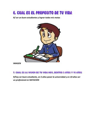R/ ser un buen estudiantes y lograr todas mis metas




IMAGEN




R/hoy ser buen estudiante, en 5 años pasar la universidad y en 10 años ser
un profesional en NATACION
 