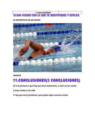 responsabilidad


R/ DEPORTISTA DE NATACION




IMAGEN



R/ 1-la primera es que hay que tener autoestima y creer en los sueños

2-tener metas en la vida

3- hay que tener fortalezas para poder logar nuestras metas
 