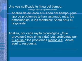 Una vez calificada tu línea del tiempo.
              Subraya aquí tus siguientes análisis.

• Analiza de acuerdo a tu línea del tiempo ¿qué
  tipo de problemas te han lastimado más: los
  emocionales o los mentales: Anota aquí tu
  respuesta.


Analiza, por cada rayita cronológica ¿Qué
  prevaleció más en tu vida? Los problemas por
  tu causa o los problemas ajenos a ti. Anota
  aquí tu respuesta.
 