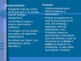 Temperamento:                 Carácter
• Exageras mas las cosas      • Cada temperamento
  de lo que son o Te enojas     tiene fortalezas y
  mucho contigo...              debilidades...
  (sanguíneo)                 • Ambas se aparecen en
• Le hechas la culpa a          todo lo que haces en tu
  otros o eres irónico          vida. Sin embargo,
  (colérico)                    aparecen más las
• Te vengas con el primero      debilidades o las
  que pase o te deprimes.       fortalezas según el
  (melancólico)                 aprendizaje o educación
                                que has recibido y que se
• No sabes que hacer, o te      convierte en tu forma o
  desesperas, gritas.           estilo de resolver tus
  (flemático)                   problemas. A este estilo
                                se le llama: Carácter.
 