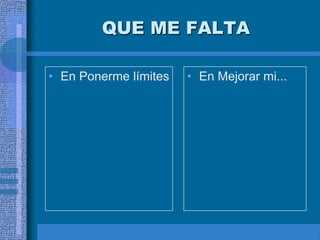 QUE ME FALTA

• En Ponerme límites   • En Mejorar mi...
 