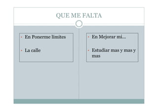 QUE ME FALTA
• En Ponerme límites
• La calle
• En Mejorar mi...
• Estudiar mas y mas y
mas
 