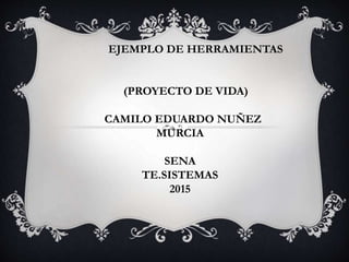 EJEMPLO DE HERRAMIENTAS
(PROYECTO DE VIDA)
CAMILO EDUARDO NUÑEZ
MURCIA
SENA
TE.SISTEMAS
2015
 