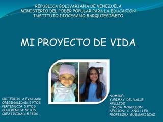 REPUBLICA BOLIVARIANA DE VENEZUELA
MINISTERIO DEL PODER POPULAR PARA LA EDUCACION
INSTITUTO DIOCESANO BARQUIESIMETO
MI PROYECTO DE VIDA
CRITERIOS A EVALUAR:
ORIGINALIDAD: 5 PTOS
PERTENECIA: 5 PTOS
COHERENCIA: 5PTOS
CREATIVIDAD: 5 PTOS
NOMBRE:
YURIMAY DEL VALLE
APELLIDO:
PINEDA MOGOLLON
SECCION:¨C¨ AÑO : 1 ER
PROFESORA: GUSMARI DIAZ
 