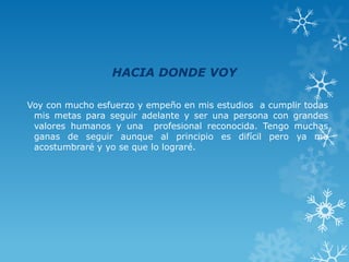 HACIA DONDE VOY
Voy con mucho esfuerzo y empeño en mis estudios a cumplir todas
mis metas para seguir adelante y ser una persona con grandes
valores humanos y una profesional reconocida. Tengo muchas
ganas de seguir aunque al principio es difícil pero ya me
acostumbraré y yo se que lo lograré.
 