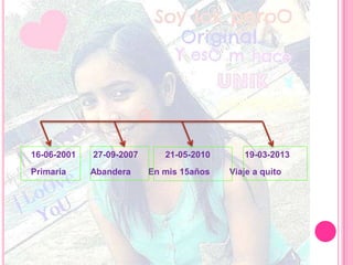 16-06-2001 27-09-2007 21-05-2010 19-03-2013
Primaria Abandera En mis 15años Viaje a quito
 