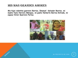 MIS MAS GRANDES AMORES
Mis hijos valentina guerrero Barrios, Emanuel Salvador Barrios, mi
madre Yunis Herrera Márquez, mi padre Norberto Barrios Estrada, mi
esposo Víctor Guerrero Pertuz.




                                                 MI PROYECTO DE VIDA   7
 