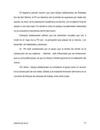 El diagrama permite resumir que para los(as) adolescentes de Piedades
Sur de San Ramón, el PV se relaciona con el anhelo de superarse por medio del
estudio, es decir, de la preparación académica y/o técnica, con el objetivo final de
aspirar a una vida mejor. En donde la unión en pareja y la paternidad/ maternidad
no se consideran importantes dentro del mismo.
Estos(as) adolescentes refieren que los elementos cruciales que van a
incidir en el logro de su PV son: la percepción que posean de sí mismos y el
desarrollo de habilidades y destrezas.
El

PV está condicionado por el apoyo que la familia les brinde en la

consecución de sus objetivos . Además, está influenciado por las limitaciones
que su comunidad posee, ya que no ofrece o facilita opciones en la realización del
mismo.
Por último, los(as) adolescentes no consideran al grupo como un recurso
en la consecución de sus metas. Debido a la incipiente formación del mismo en el
momento de efectuar las sesiones de trabajo, entre otras cosas.

www.ts.ucr.ac.cr

100

 
