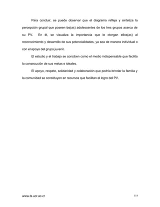 Para concluir, se puede observar que el diagrama refleja y sintetiza la
percepción grupal que poseen los(as) adolescentes de los tres grupos acerca de
su PV.

En él, se visualiza la importancia que le otorgan ellos(as) al

reconocimiento y desarrollo de sus potencialidades, ya sea de manera individual o
con el apoyo del grupo juvenil.
El estudio y el trabajo se conciben como el medio indispensable que facilita
la consecución de sus metas e ideales.
El apoyo, respeto, solidaridad y colaboración que podría brindar la familia y
la comunidad se constituyen en recursos que facilitan el logro del PV.

www.ts.ucr.ac.cr

118

 