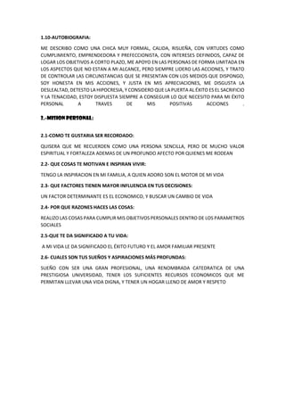 1.10-AUTOBIOGRAFIA:
ME DESCRIBO COMO UNA CHICA MUY FORMAL, CALIDA, RISUEÑA, CON VIRTUDES COMO
CUMPLIMIENTO, EMPRENDEDORA Y PREFECCIONISTA, CON INTERESES DEFINIDOS, CAPAZ DE
LOGAR LOS OBJETIVOS A CORTO PLAZO, ME APOYO EN LAS PERSONAS DE FORMA LIMITADA EN
LOS ASPECTOS QUE NO ESTAN A MI ALCANCE, PERO SIEMPRE LIDERO LAS ACCIONES, Y TRATO
DE CONTROLAR LAS CIRCUNSTANCIAS QUE SE PRESENTAN CON LOS MEDIOS QUE DISPONGO,
SOY HONESTA EN MIS ACCIONES, Y JUSTA EN MIS APRECIACIONES, ME DISGUSTA LA
DESLEALTAD, DETESTO LA HIPOCRESIA, Y CONSIDERO QUE LA PUERTA AL ÉXITO ES EL SACRIFICIO
Y LA TENACIDAD, ESTOY DISPUESTA SIEMPRE A CONSEGUIR LO QUE NECESITO PARA MI ÉXITO
PERSONAL A TRAVES DE MIS POSITIVAS ACCIONES .
2.-MISION PERSONAL:
2.1-COMO TE GUSTARIA SER RECORDADO:
QUISERA QUE ME RECUERDEN COMO UNA PERSONA SENCILLA, PERO DE MUCHO VALOR
ESPIRITUAL Y FORTALEZA ADEMAS DE UN PROFUNDO AFECTO POR QUIENES ME RODEAN
2.2- QUE COSAS TE MOTIVAN E INSPIRAN VIVIR:
TENGO LA INSPIRACION EN MI FAMILIA, A QUIEN ADORO SON EL MOTOR DE MI VIDA
2.3- QUE FACTORES TIENEN MAYOR INFLUENCIA EN TUS DECISIONES:
UN FACTOR DETERMINANTE ES EL ECONOMICO, Y BUSCAR UN CAMBIO DE VIDA
2.4- POR QUE RAZONES HACES LAS COSAS:
REALIZO LAS COSAS PARA CUMPLIR MIS OBJETIVOS PERSONALES DENTRO DE LOS PARAMETROS
SOCIALES
2.5-QUE TE DA SIGNIFICADO A TU VIDA:
A MI VIDA LE DA SIGNIFICADO EL ÉXITO FUTURO Y EL AMOR FAMILIAR PRESENTE
2.6- CUALES SON TUS SUEÑOS Y ASPIRACIONES MÁS PROFUNDAS:
SUEÑO CON SER UNA GRAN PROFESIONAL, UNA RENOMBRADA CATEDRATICA DE UNA
PRESTIGIOSA UNIVERSIDAD, TENER LOS SUFICIENTES RECURSOS ECONOMICOS QUE ME
PERMITAN LLEVAR UNA VIDA DIGNA, Y TENER UN HOGAR LLENO DE AMOR Y RESPETO
 