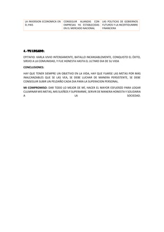 LA INVERSION ECONOMICA EN
EL PAIS
CONSEGUIR ALIANZAS CON
EMPRESAS YA ESTABLECIDAS
EN EL MERCADO NACIONAL
LAS POLITICAS DE GOBIERNOS
FUTUROS Y LA INCERTIDUMBRE
FINANCIERA
4.-TU LEGADO:
EPITAFIO: KARLA VIVIO INTENSAMENTE, BATALLO INCANSABLEMENTE, CONQUISTO EL ÉXITO,
SIRVIO A LA COMUNIDAD, Y FUE HONESTA HASTA EL ULTIMO DIA DE SU VIDA
CONCLUSIONES:
HAY QUE TENER SIEMPRE UN OBJETIVO EN LA VIDA, HAY QUE FIJARSE LAS METAS POR MAS
INALCANZABLES QUE SE LAS VEA, SE DEBE LUCHAR DE MANERA PERSISTENTE, SE DEBE
CONSEGUIR SUBIR UN PELDAÑO CADA DIA PARA LA SUPERACION PERSONAL.
MI COMPROMISO: DAR TODO LO MEJOR DE MÍ, HACER EL MAYOR ESFUERZO PARA LOGAR
CULMINAR MIS METAS, MIS SUEÑOS Y SUPERARME, SERVIR DE MANERA HONESTA Y SOLIDARIA
A LA SOCIEDAD.
 