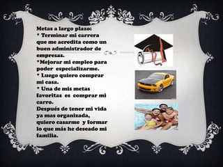 Metas a largo plazo:
* Terminar mi carrera
que me acredita como un
buen administrador de
empresas.
*Mejorar mi empleo para
poder especializarme.
* Luego quiero comprar
mi casa.
* Una de mis metas
favoritas es comprar mi
carro.
Después de tener mi vida
ya mas organizada,
quiero casarme y formar
lo que más he deseado mi
familia.
 