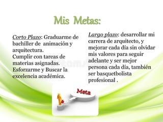 Mis Metas:
Corto Plazo: Graduarme de
bachiller de animación y
arquitectura.
Cumplir con tareas de
materias asignadas.
Esforzarme y Buscar la
excelencia académica.
Largo plazo: desarrollar mi
carrera de arquitecto, y
mejorar cada día sin olvidar
mis valores para seguir
adelante y ser mejor
persona cada día, también
ser basquetbolista
profesional .
 