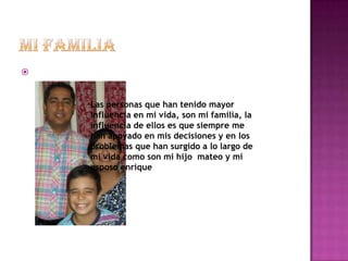


    Las personas que han tenido mayor
    influencia en mi vida, son mi familia, la
    influencia de ellos es que siempre me
    han apoyado en mis decisiones y en los
    problemas que han surgido a lo largo de
    mi vida como son mi hijo mateo y mi
    esposo enrique
 