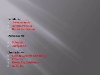 Fortalezas:
   Perseverancia
  Actitud Positiva
  Buena Autoestima

Debilidades:

   Soberbia
   Arrogancia

Limitaciones:
  Solo de carácter económico.
  Errores:
  Exceso De Confianza
  Rebeldía
 