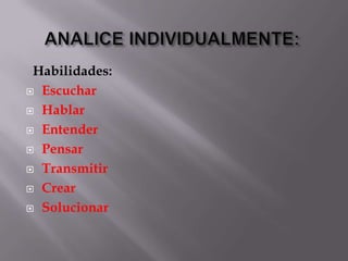 Habilidades:
 Escuchar

 Hablar

 Entender

 Pensar

 Transmitir

 Crear

 Solucionar
 