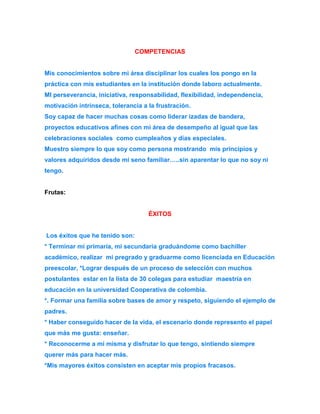 COMPETENCIAS 
Mis conocimientos sobre mi área disciplinar los cuales los pongo en la 
práctica con mis estudiantes en la institución donde laboro actualmente. 
MI perseverancia, iniciativa, responsabilidad, flexibilidad, independencia, 
motivación intrínseca, tolerancia a la frustración. 
Soy capaz de hacer muchas cosas como liderar izadas de bandera, 
proyectos educativos afines con mi área de desempeño al igual que las 
celebraciones sociales como cumpleaños y días especiales. 
Muestro siempre lo que soy como persona mostrando mis principios y 
valores adquiridos desde mi seno familiar…..sin aparentar lo que no soy ni 
tengo. 
Frutas: 
ÉXITOS 
Los éxitos que he tenido son: 
* Terminar mi primaria, mi secundaria graduándome como bachiller 
académico, realizar mi pregrado y graduarme como licenciada en Educación 
preescolar, *Lograr después de un proceso de selección con muchos 
postulantes estar en la lista de 30 colegas para estudiar maestría en 
educación en la universidad Cooperativa de colombia. 
*. Formar una familia sobre bases de amor y respeto, siguiendo el ejemplo de 
padres. 
* Haber conseguido hacer de la vida, el escenario donde represento el papel 
que más me gusta: enseñar. 
* Reconocerme a mi misma y disfrutar lo que tengo, sintiendo siempre 
querer más para hacer más. 
*Mis mayores éxitos consisten en aceptar mis propios fracasos. 
 