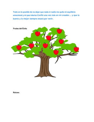 Trato en lo posible de no dejar que nada ni nadie me quite mi equilibrio 
emocional y mi paz interior.Confió una vez más en mi creador…. y que lo 
bueno y lo mejor siempre estará por venir. 
Frutas del Éxito 
Raíces: 
 