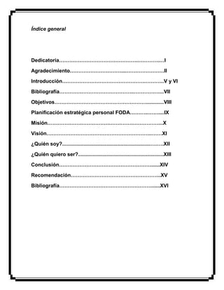 Índice general
Dedicatoria……………………………………….………….…I
Agradecimiento…………………………....………………….II
Introducción………………………………………….………..V y VI
Bibliografía……………………………………..……………...VII
Objetivos………………………………………………............VIII
Planificación estratégica personal FODA………..……....IX
Misión…………………………………………………………..X
Visión……………………………………………………..……XI
¿Quién soy?..............................................................….….XII
¿Quién quiero ser?............................................................XIII
Conclusión………………………………………………......XIV
Recomendación……………………………………………..XV
Bibliografía………………………………………………......XVI
 