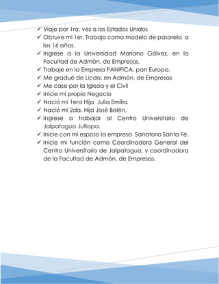  Viaje por 1ra. vez a los Estados Unidos
 Obtuve mi 1er. Trabajo como modelo de pasarela a
los 16 años.
 Ingrese a la Universidad Mariano Gálvez, en la
Facultad de Admón. de Empresas.
 Trabaje en la Empresa PANIFICA, pan Europa.
 Me gradué de Licda. en Admón. de Empresas
 Me case por la Iglesia y el Civil
 Inicie mi propio Negocio
 Nació mi 1era Hija Julia Emilia.
 Nació mi 2da. Hija José Belén.
 Ingrese a trabajar al Centro Universitario de
Jalpatagua Jutiapa.
 Inicie con mi esposo la empresa Sanatorio Santa Fé.
 Inicie mi función como Coordinadora General del
Centro Universitario de Jalpatagua, y coordinadora
de la Facultad de Admón. de Empresas.
 