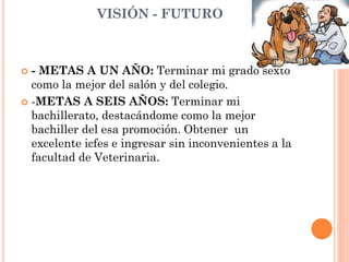 VISIÓN - FUTURO
 - METAS A UN AÑO: Terminar mi grado sexto
como la mejor del salón y del colegio.
 -METAS A SEIS AÑOS: Terminar mi
bachillerato, destacándome como la mejor
bachiller del esa promoción. Obtener un
excelente icfes e ingresar sin inconvenientes a la
facultad de Veterinaria.
 