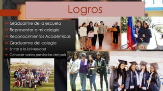 Logros 
 Graduarme de la escuela 
 Representar a mi colegio 
 Reconocimientos Académicos 
 Graduarme del colegio 
 Entrar a la Universidad 
 Conocer varias provincias del país 
 