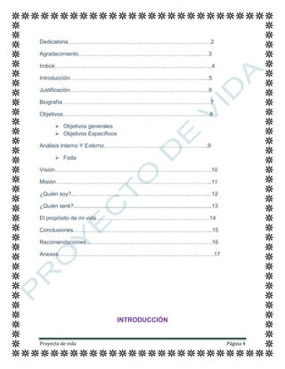 Proyecto de vida Página 4
Dedicatoria……………………………………………………..……………2
Agradecimiento……………………………………………………….……3
Indicé……………………………………………………………………..…..4
Introducción…………………………………………………………….…..5
Justificación………………………………………………………….……..6
Biografía……………………………………………………………….…….7
Objetivos…………………………………………………………………….8
 Objetivos generales
 Objetivos Específicos
Análisis Interno Y Externo………………………………………………..9
 Foda
Visión…………………………………………………………………………10
Misión…….…………………………………………………………………..11
¿Quién soy?..……………………………………………………..…………12
¿Quién seré?.........................................................................................13
El propósito de mi vida………….…………………………………………14
Conclusiones………………………….……………………………………..15
Recomendaciones…………………….…………………………………….16
Anexos…………………………………..…………………………………….17
INTRODUCCIÓN
 